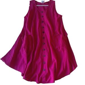 Sleeveless Cotton Swing Dress in Bright Fuchia Faux Button-Down NWT One Size